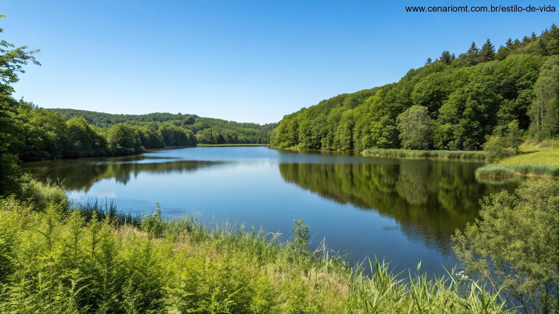 Paisagem serena com um lago calmo refletindo o céu azul, cercado por vegetação abundante, transmitindo paz e inspiração para o dia.