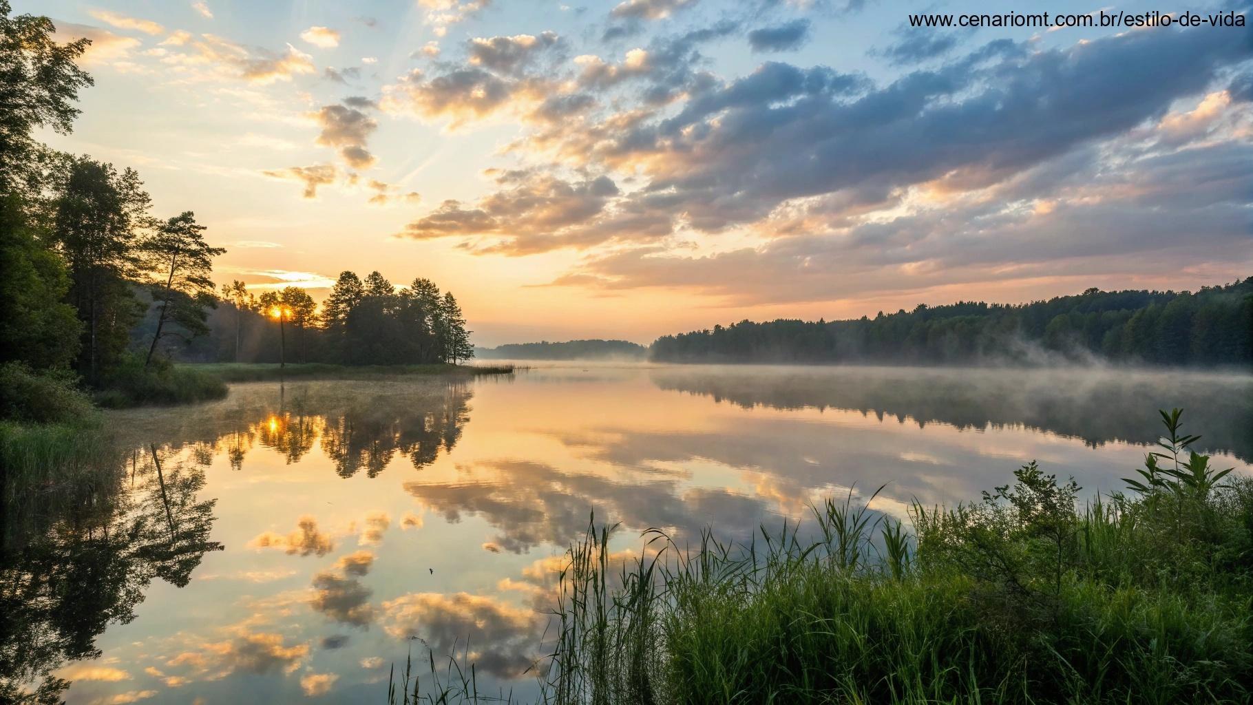 Imagem de uma paisagem tranquila com o nascer do sol sobre um lago calmo, nuvens suaves e uma atmosfera relaxante para refletir durante a quarta-feira.