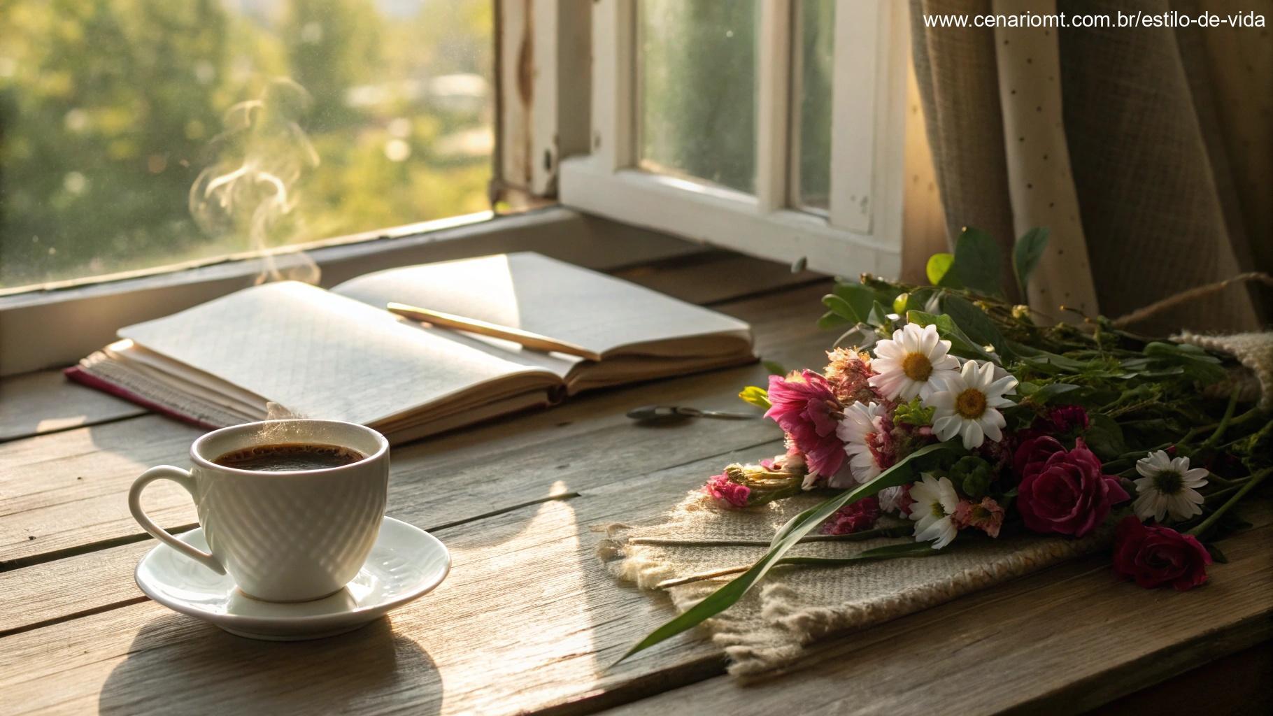 Mesa de café da manhã aconchegante ao lado da janela, com uma xícara de café, um caderno aberto com uma frase positiva e flores frescas, evocando inspiração para a manhã de 12 de maio de 2025
