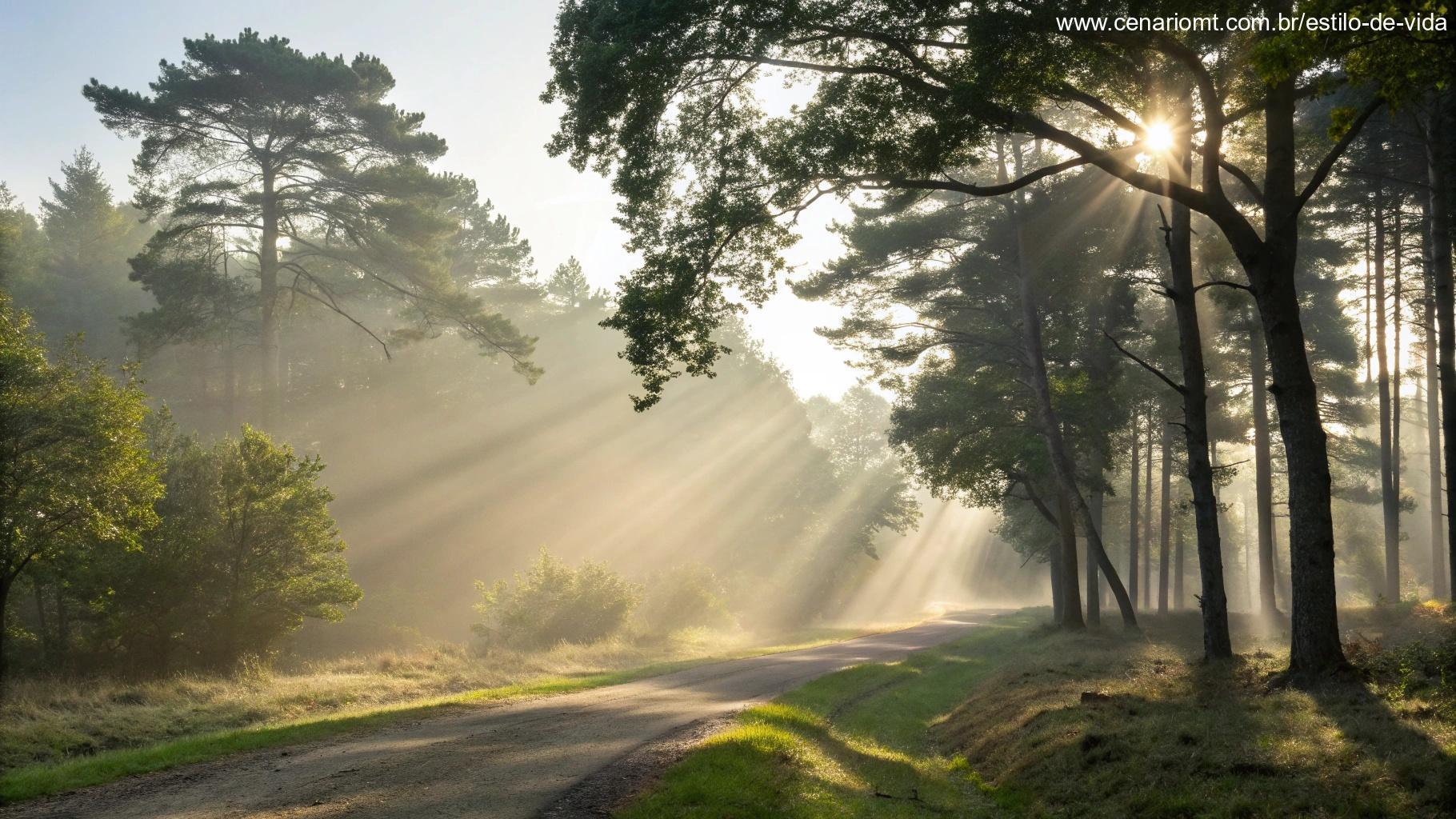 raios de sol atravessando árvores em uma manhã calma, simbolizando motivação e inspiração