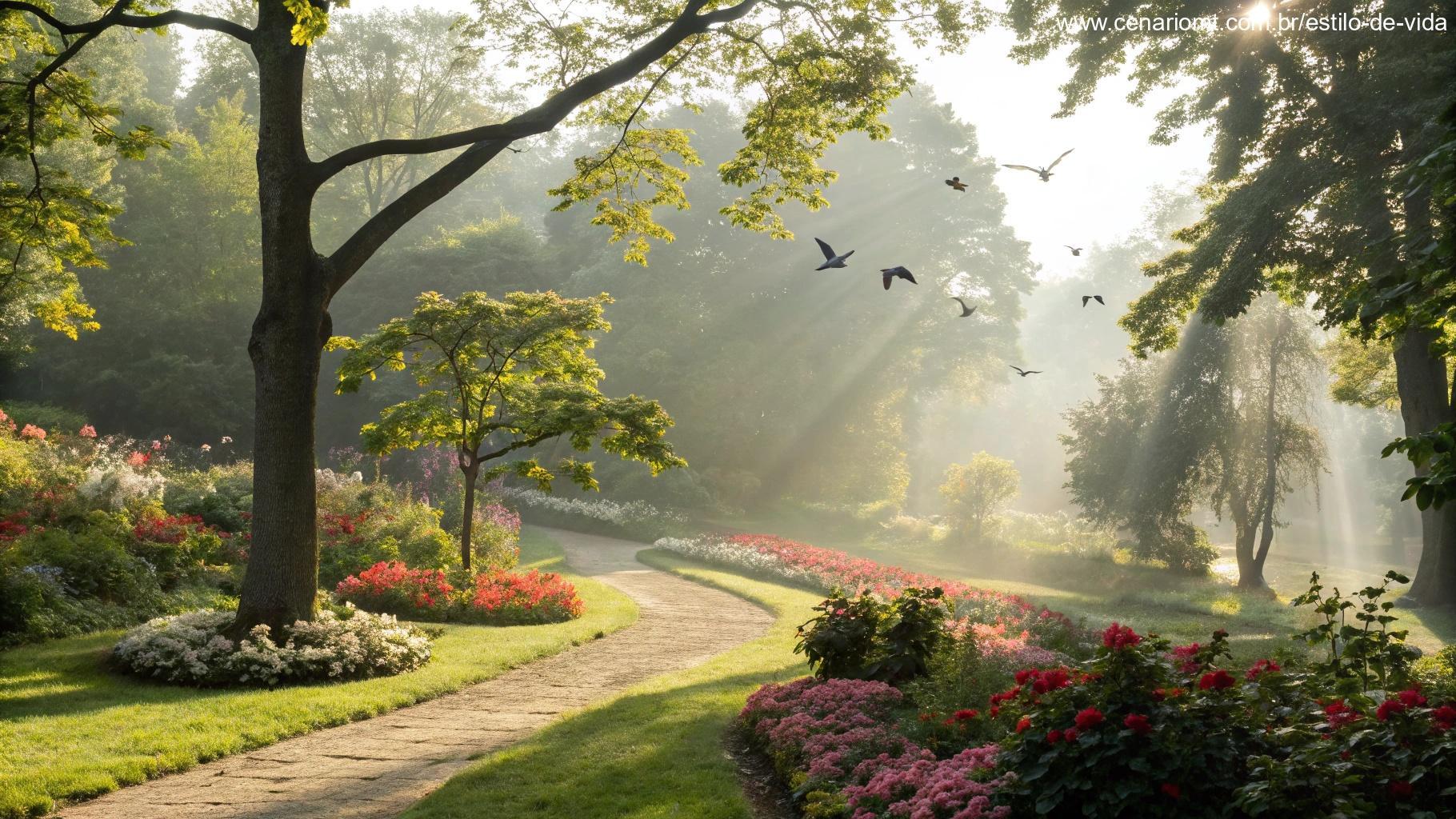 Imagem de um jardim tranquilo iluminado pelo sol da manhã de domingo com flores e pássaros