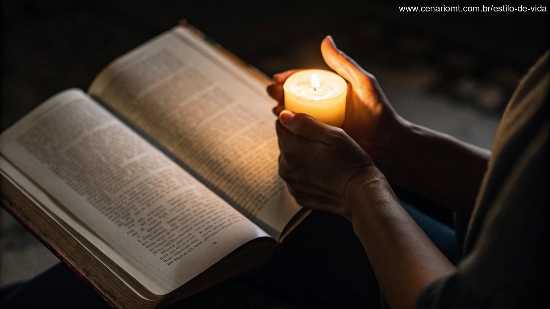 Close-up de mãos segurando uma vela acesa em um ambiente escuro, com luz suave iluminando um livro aberto