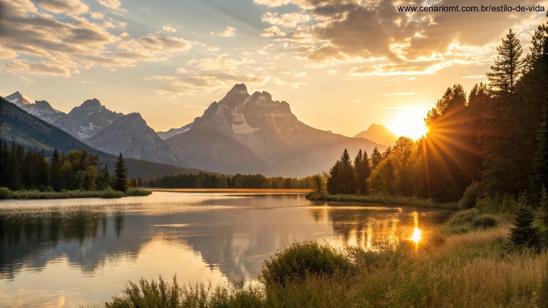 Paisagem motivacional com o sol nascendo sobre uma cadeia de montanhas, iluminando um lago tranquilo abaixo.