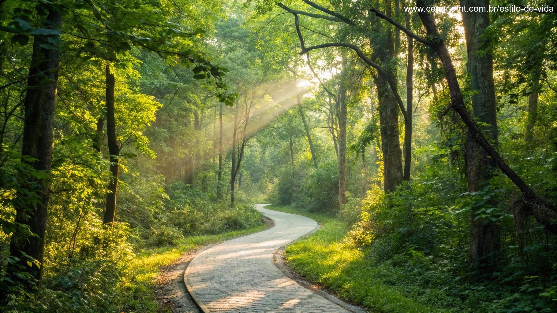 Caminho sinuoso através de uma floresta vibrante com a luz do sol filtrando pelas árvores