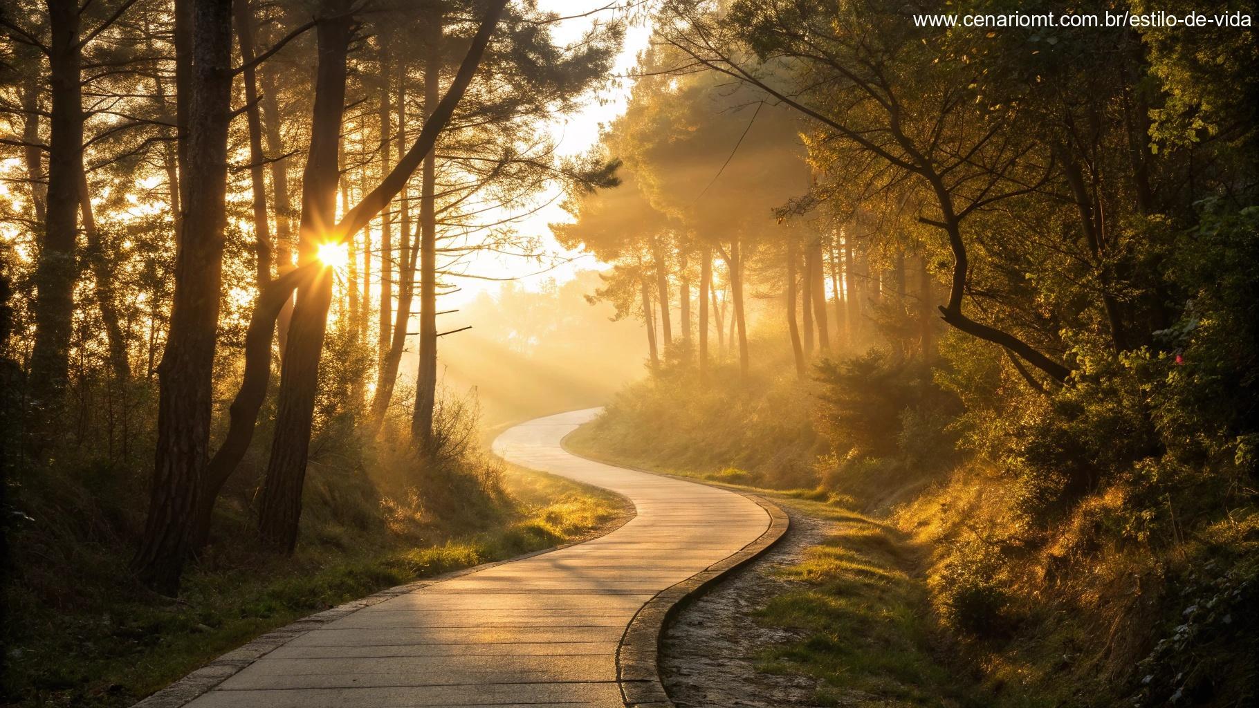 Caminho sinuoso através de uma floresta iluminada pelo sol com raios dourados filtrando pelas árvores, levando a um horizonte brilhante
