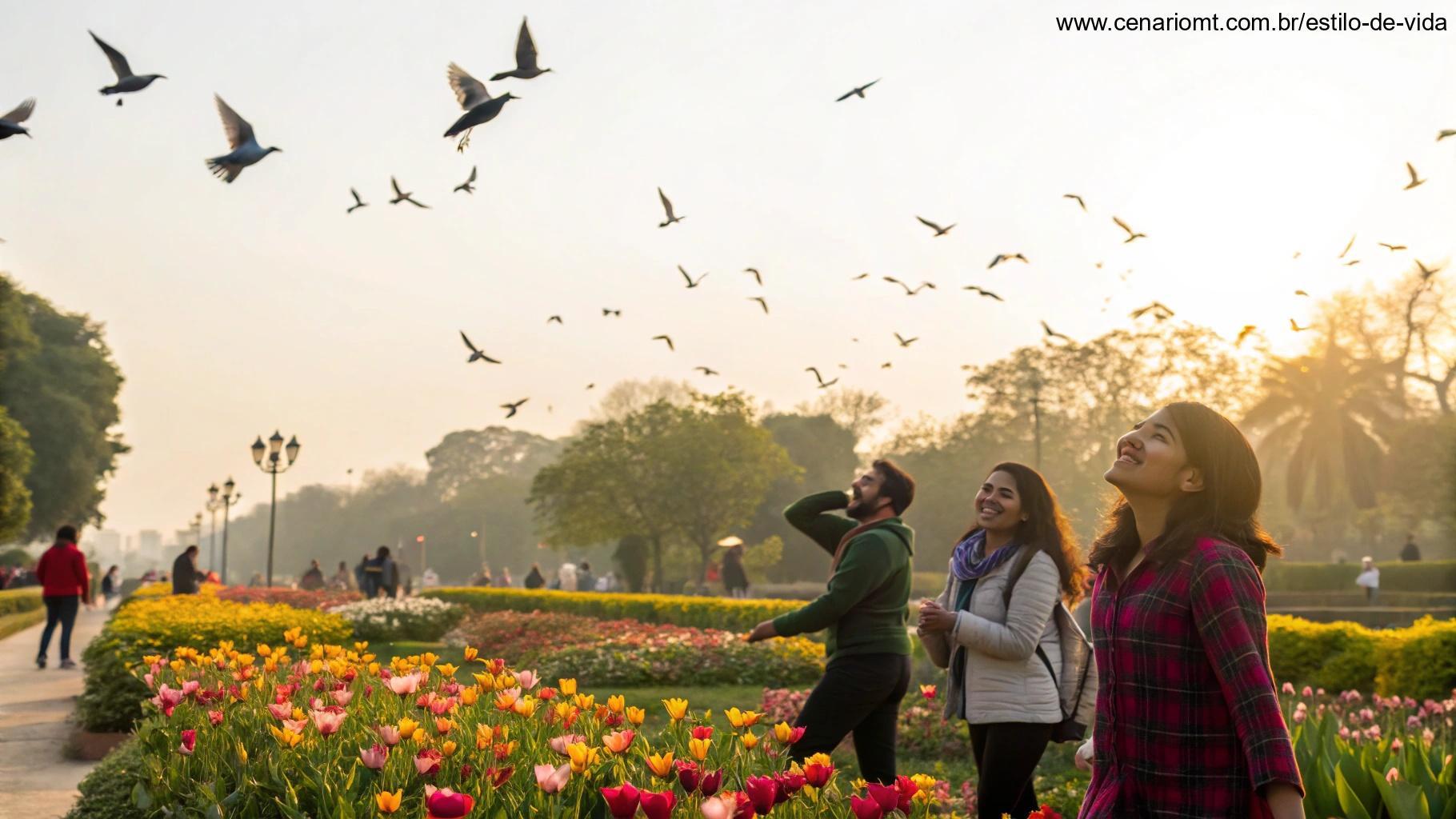 Cena alegre de sexta-feira de manhã em um parque, com pessoas sorrindo, pássaros voando e flores coloridas sob o sol