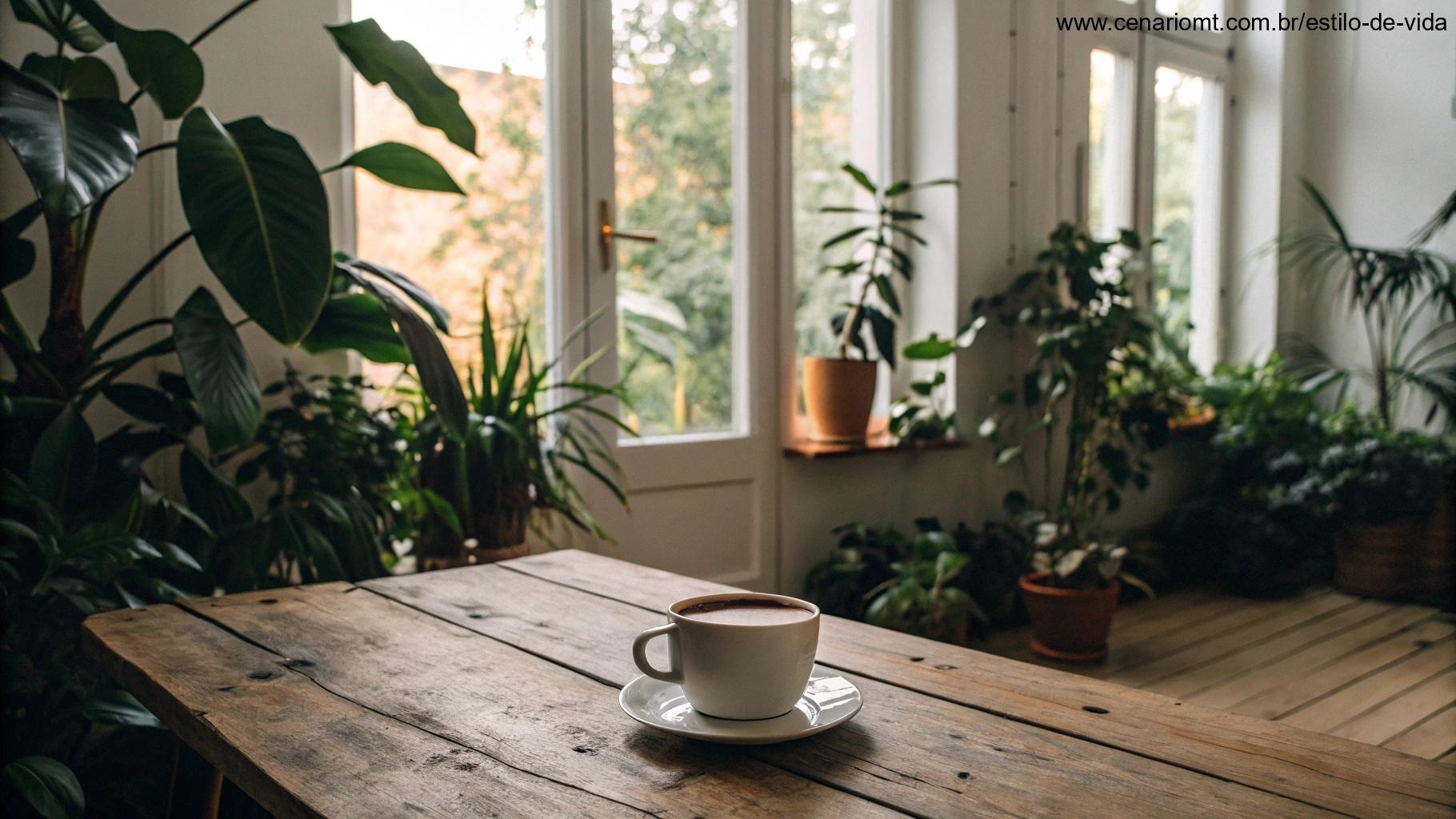 Cena aconchegante de um lar tranquilo com uma xícara de café em uma mesa de madeira, luz suave entrando pelas janelas, rodeado por plantas e uma atmosfera calma.