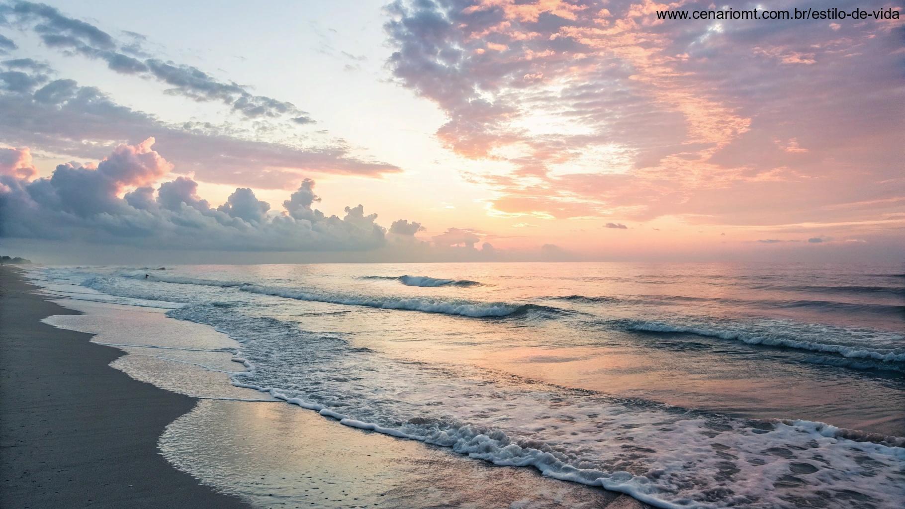 Um nascer do sol motivacional sobre uma praia calma, com cores suaves no céu e ondas leves na costa, simbolizando o início de um novo dia cheio de positividade.