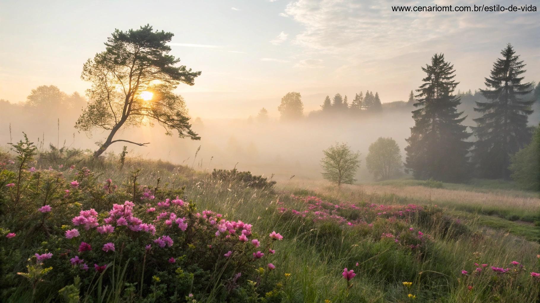 Paisagem natural em manhã de sábado com sol nascente e flores desabrochando, representando fé e otimismo