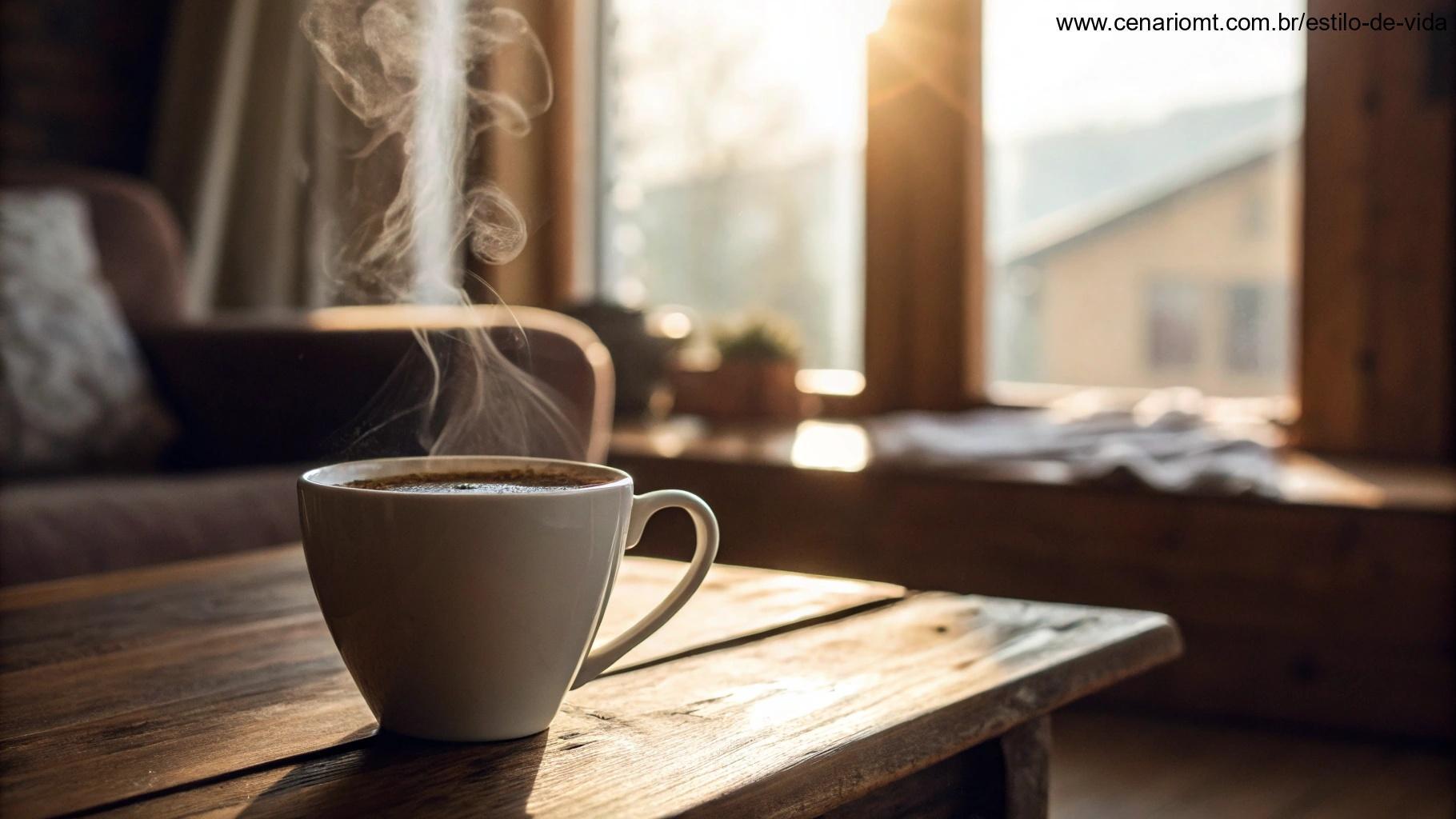 xicara de café quente em uma mesa de madeira com fundo desfocado de um ambiente aconchegante e luz suave da manhã