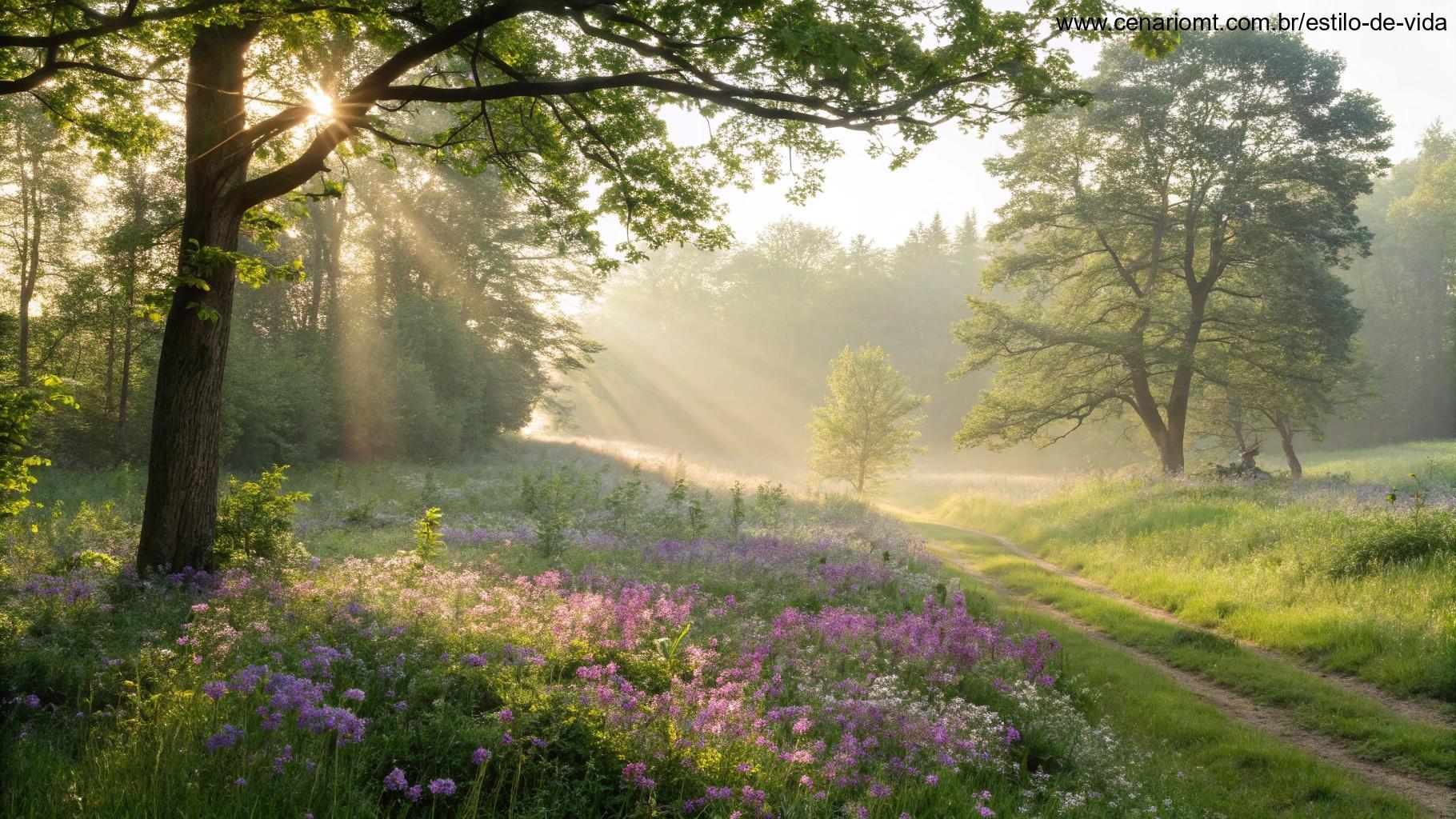 Cena calma de sexta-feira de manhã na natureza com flores desabrochando, raios de sol entre árvores e brisa suave