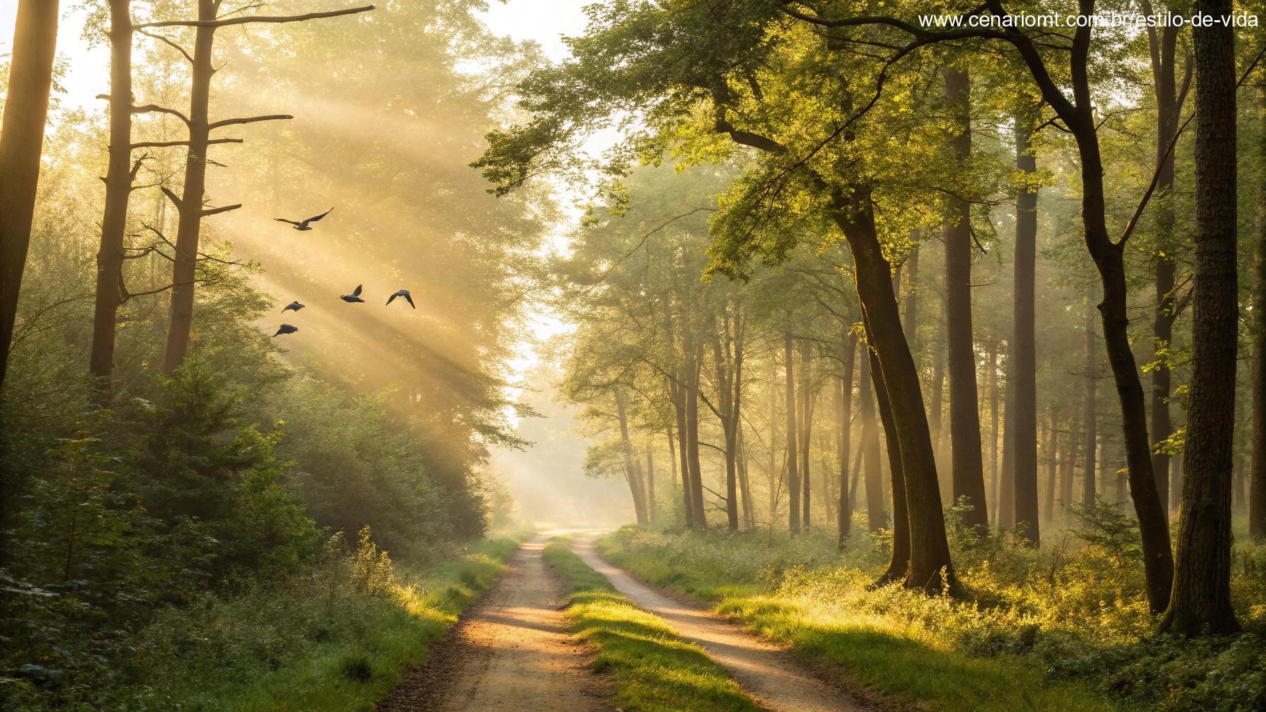 Trilha na floresta iluminada pelo sol da manhã transmitindo paz para esta terça-feira