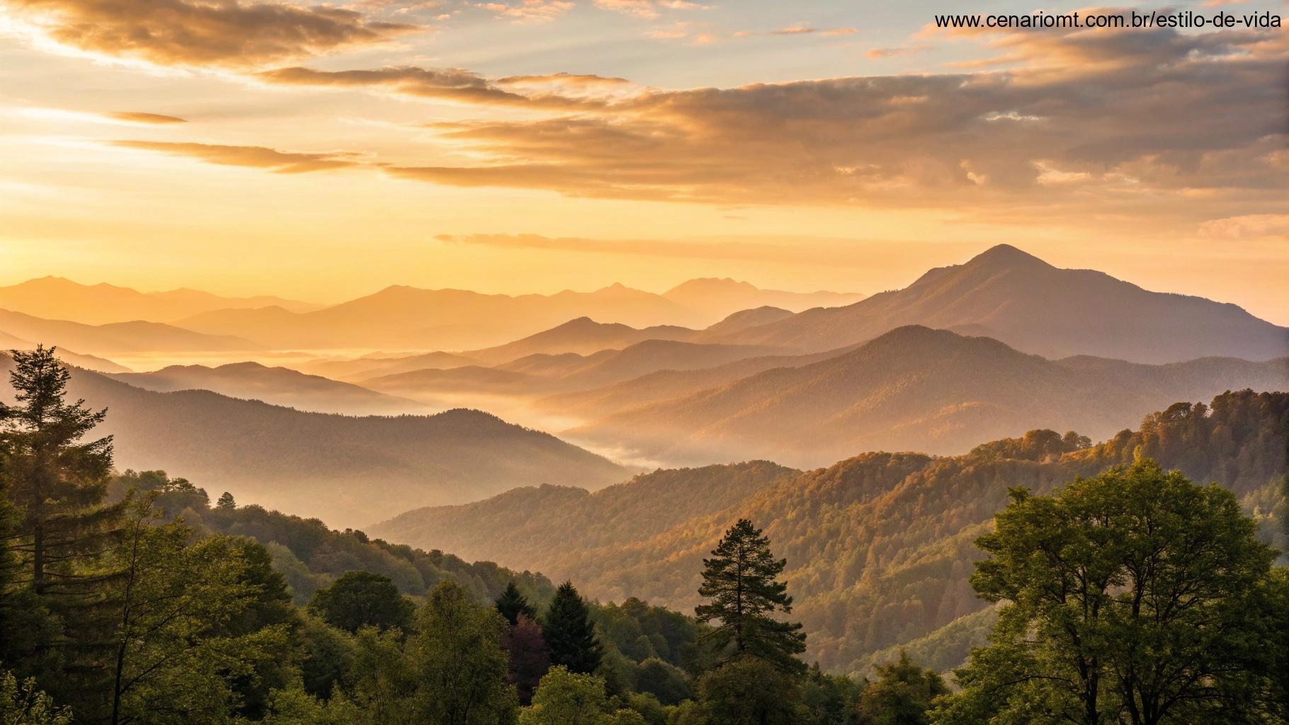Cena inspiradora com um amanhecer sobre uma cadeia de montanhas, cores suaves no céu e um ambiente pacífico, evocando a ideia de um novo começo para a semana.