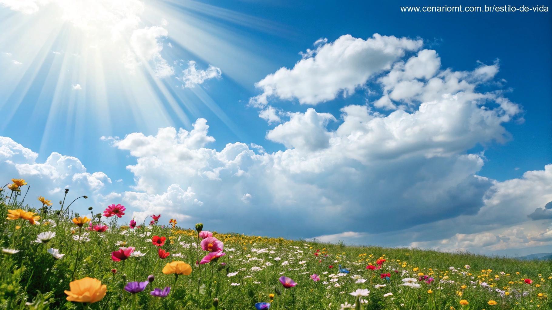 céu azul claro com nuvens brancas suaves sobre um prado vibrante cheio de flores coloridas, raios de sol brilhando, simbolizando esperança e motivação para um sábado