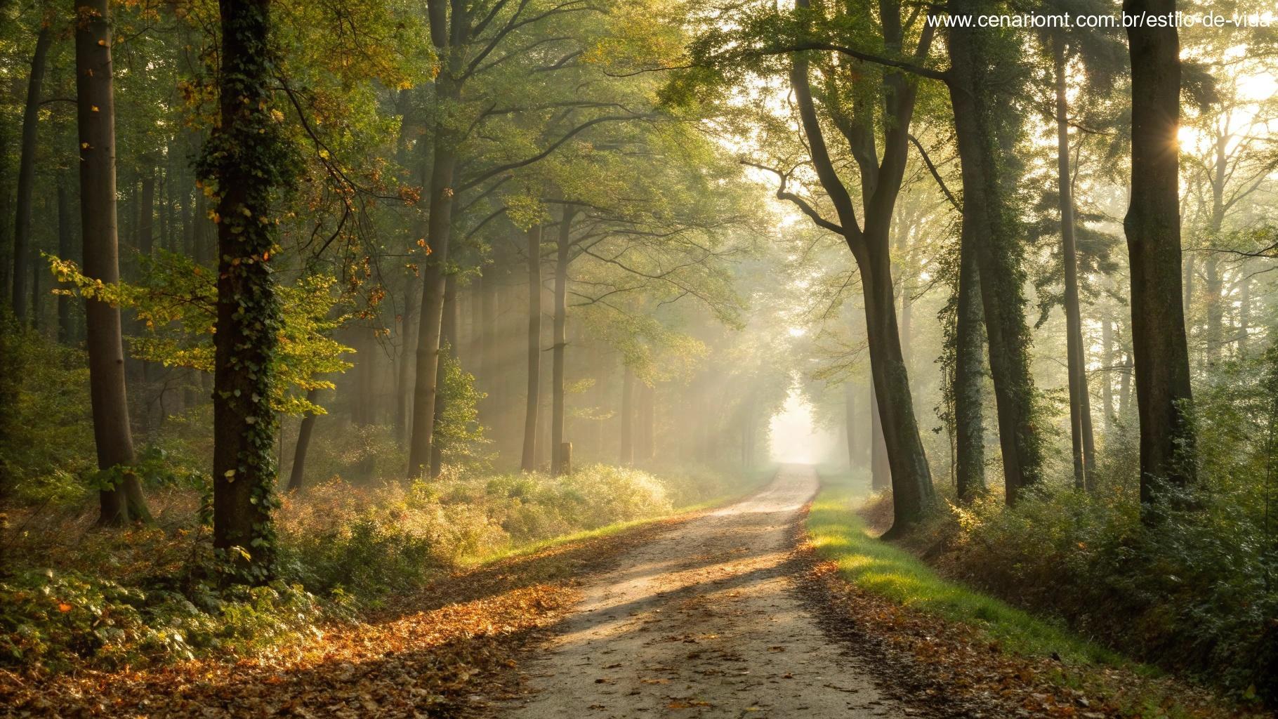 Imagem de uma trilha em floresta iluminada pela luz suave da manhã, com palavras motivacionais integradas nas folhas e árvores, inspirando reflexão na terça-feira 13/05/2025