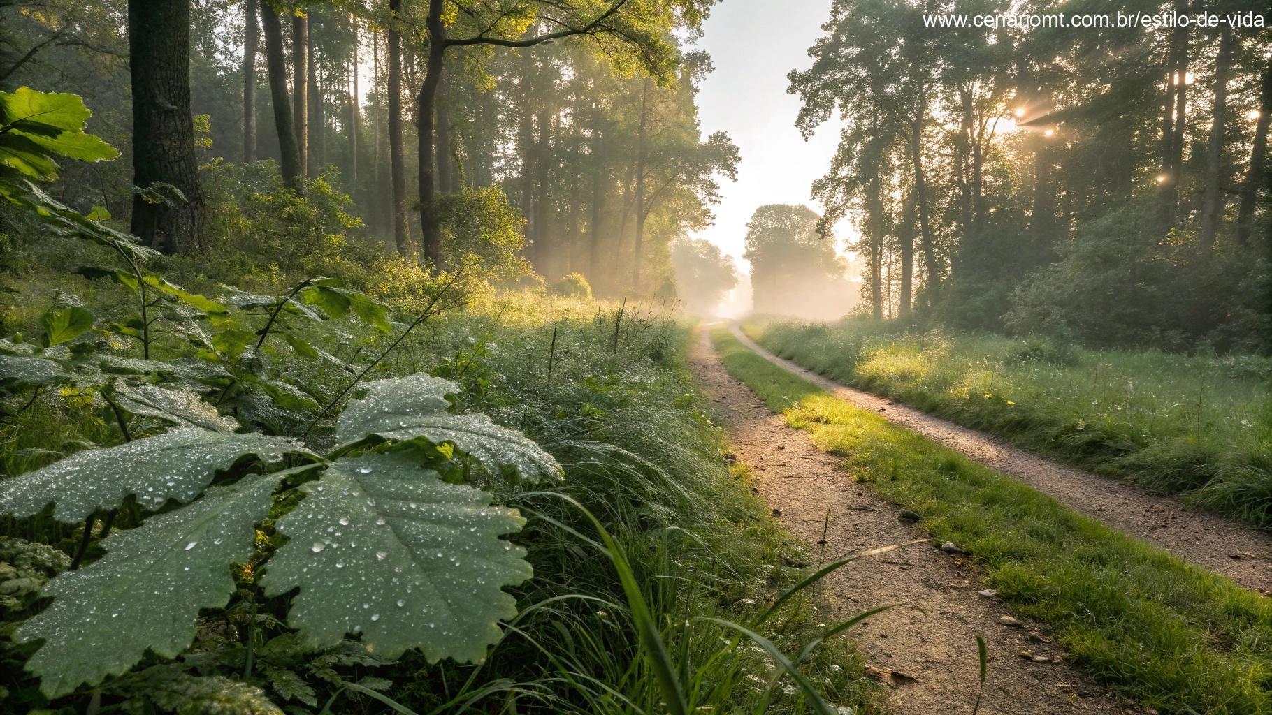 Cena tranquila da natureza com trilha na floresta iluminada pela luz da manhã, gotas de orvalho nas folhas e atmosfera de reflexão para compartilhar nesta quinta-feira