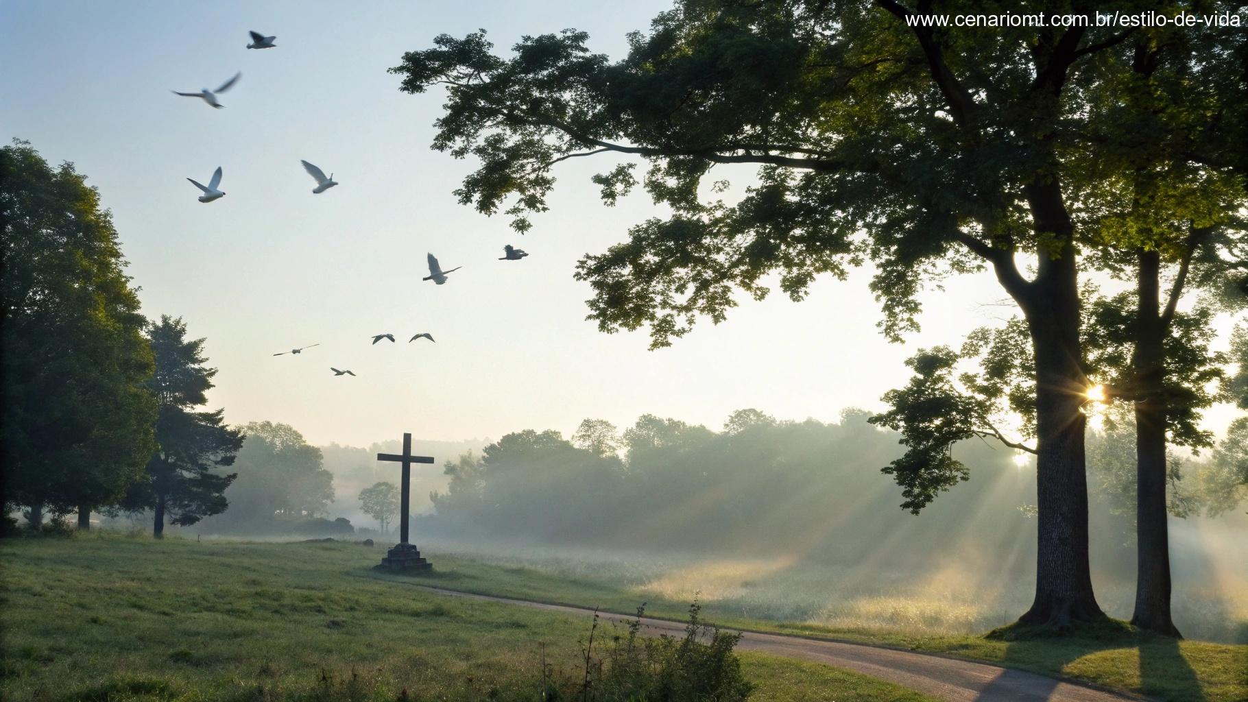 Paisagem serena com luz da manhã, cruz ao fundo e pombas voando, representando bênçãos religiosas para o sábado