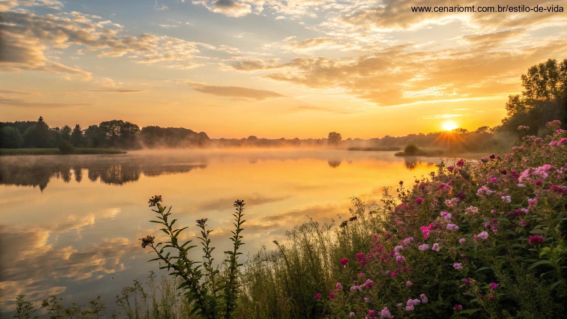 Amanhecer tranquilo sobre um lago sereno com flores ao redor, refletindo gratidão e esperança