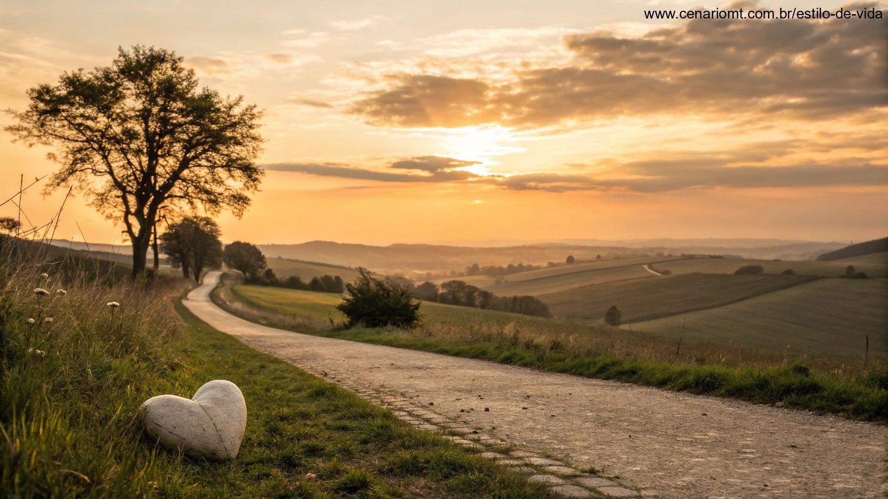 Imagem de pôr do sol com pedra em forma de coração representando gratidão e propósito
