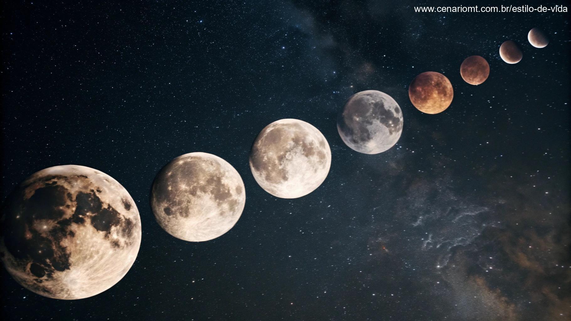 Visualização elegante da Lua cheia e a sequência das fases lunares de maio, com texturas e iluminação realistas