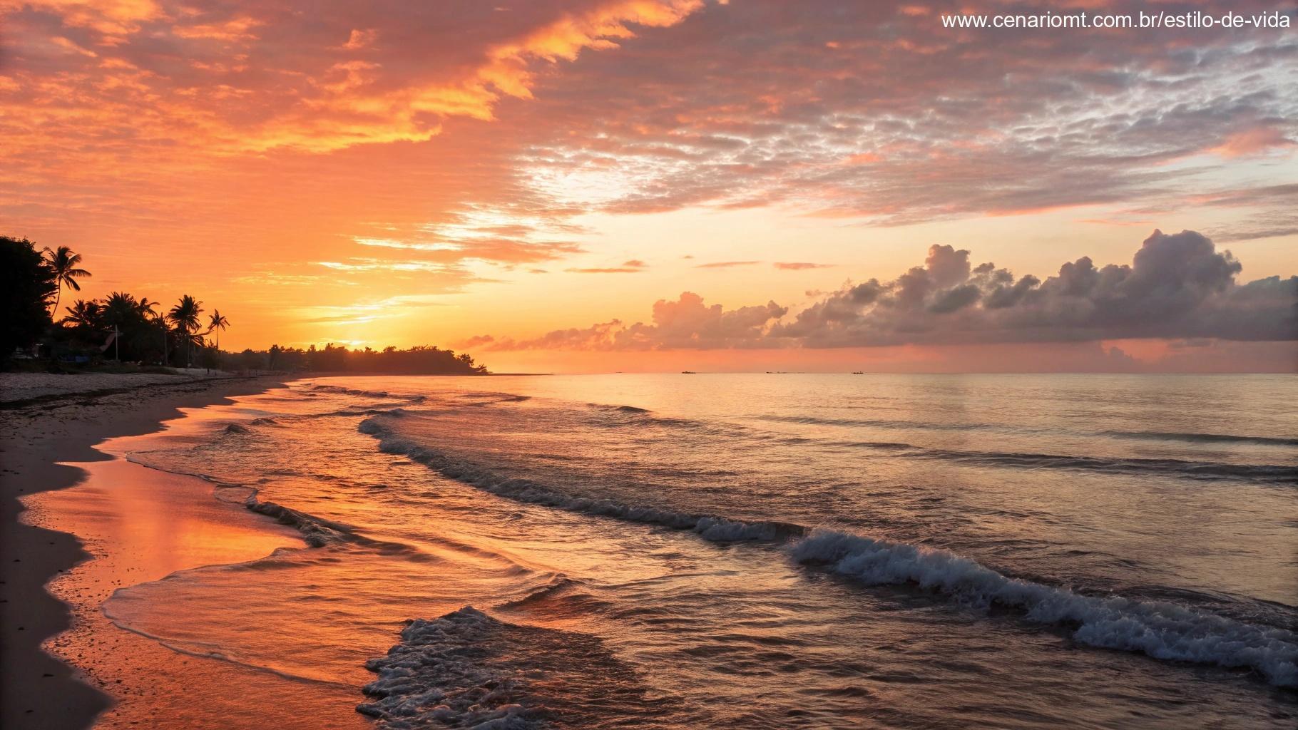 Vista cênica do nascer do sol sobre um oceano calmo, com ondas suaves, simbolizando o começo de uma nova semana cheia de fé e esperança.