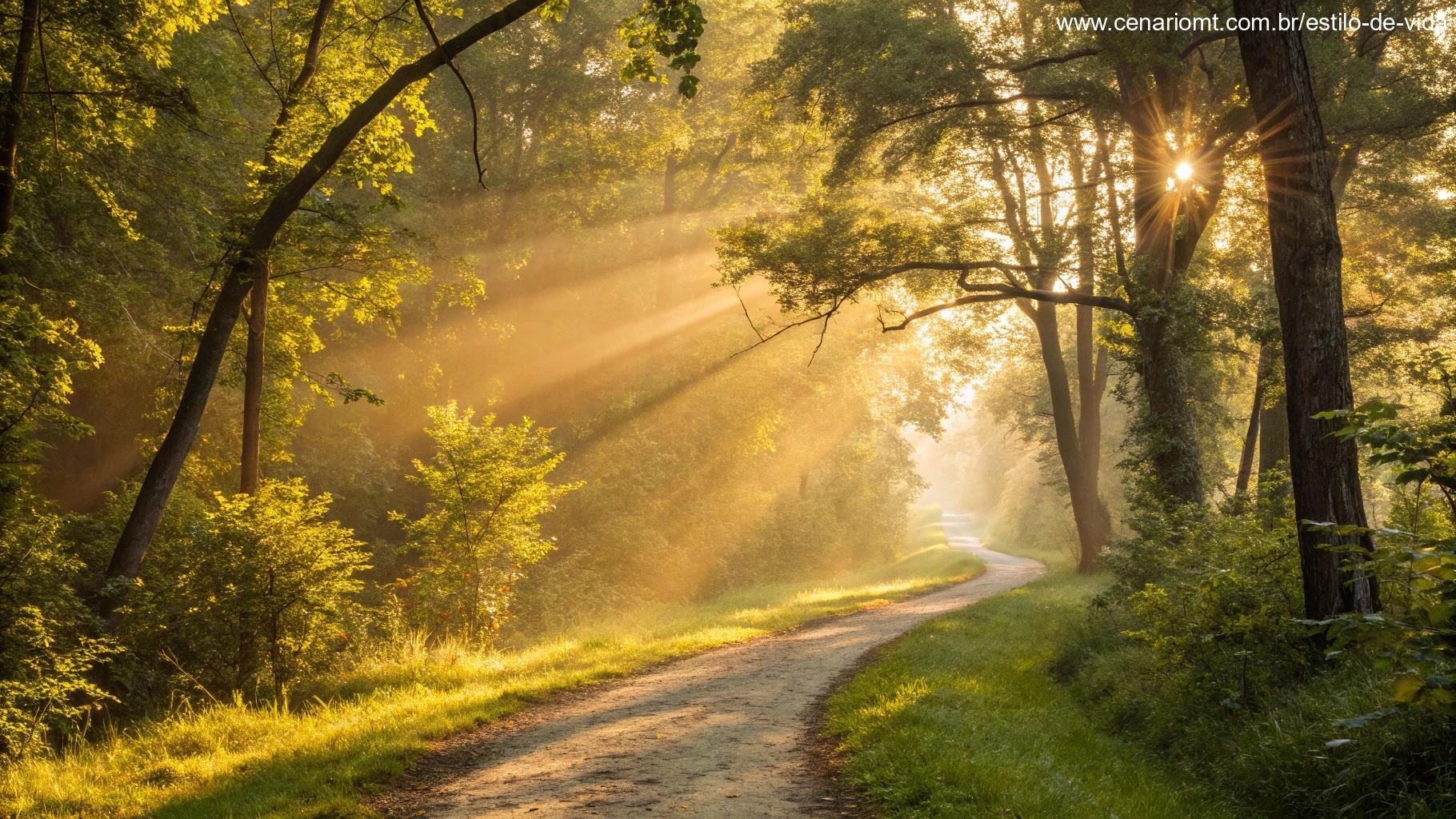 um caminho através de uma floresta iluminada pelo sol com raios dourados filtrando pelas árvores, simbolizando esperança e tranquilidade