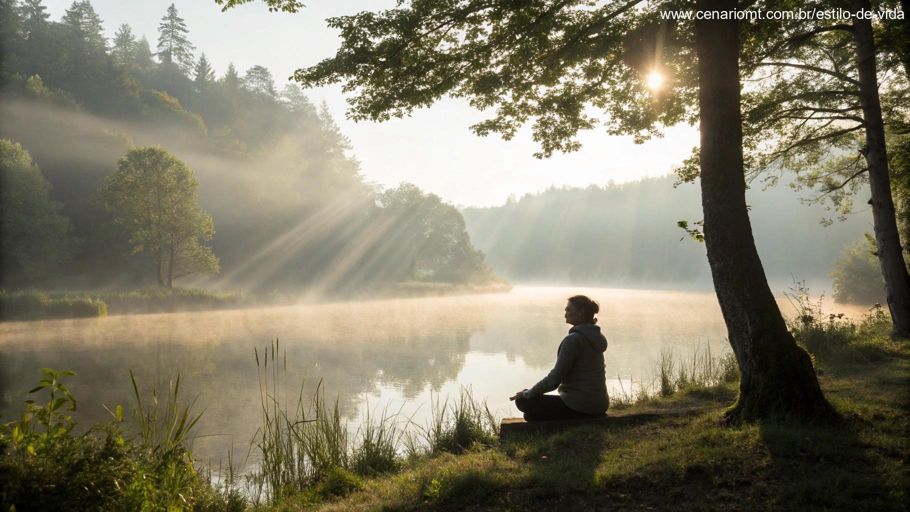 Cena tranquila de manhã com pessoa meditando à beira de um lago, simbolizando fé e gratidão