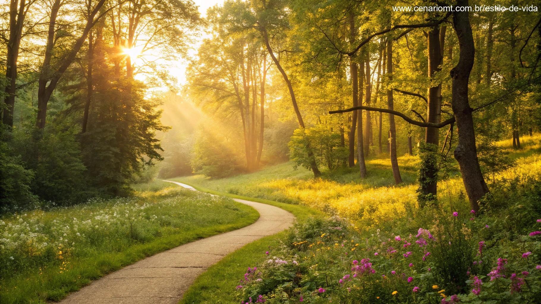 Caminho sinuoso através de uma floresta vibrante com luz dourada do sol filtrando pelas árvores, levando a um campo aberto ao longe