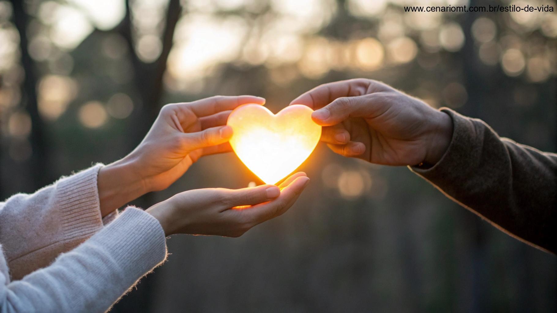 Duas mãos segurando um coração brilhante com luz quente