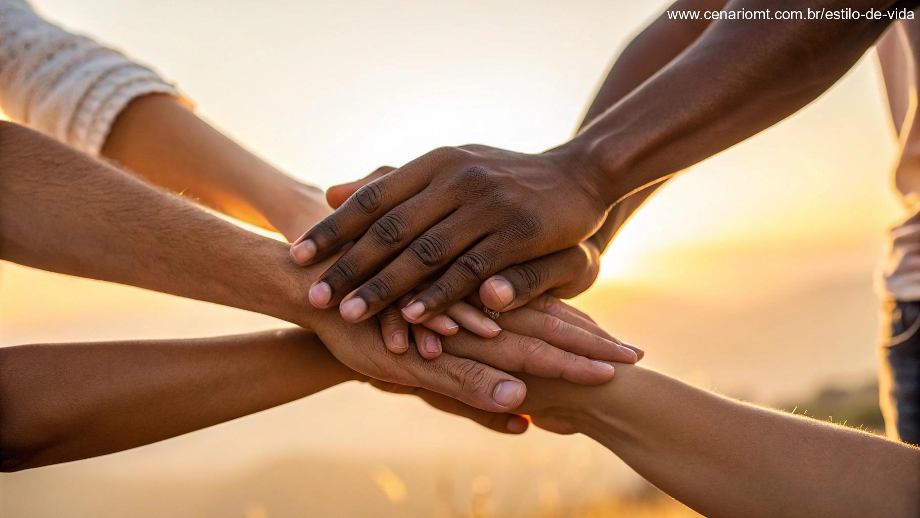 Mãos diversas unidas em um círculo sobre um fundo luminoso e aconchegante