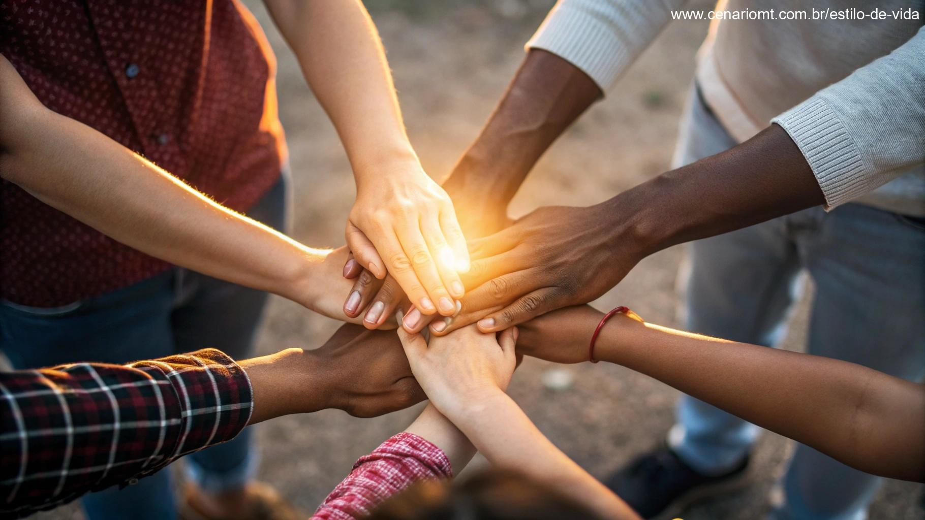Mãos diversas unidas em harmonia, envoltas por uma luz calorosa simbolizando comunidade