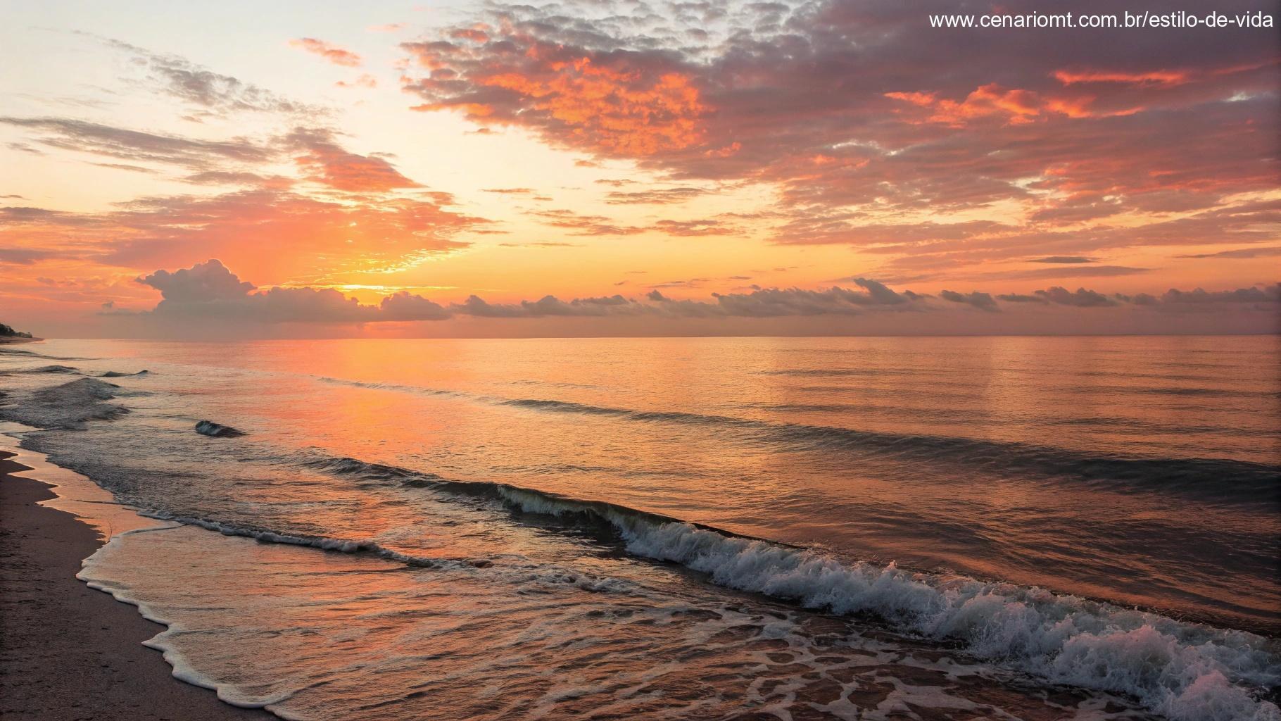 Um amanhecer pacífico sobre um oceano calmo, com ondas suaves batendo suavemente na praia, representando inspiração e esperança para o dia.