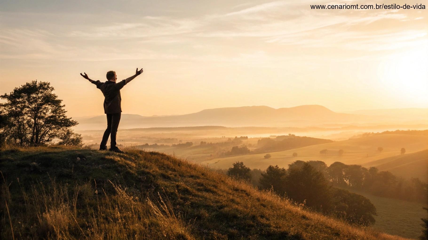Pessoa no alto de uma colina ao amanhecer simbolizando fé e inspiração