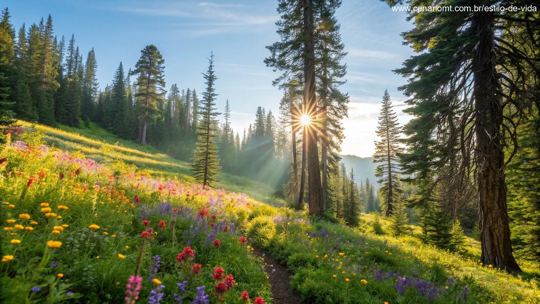 Cena matinal vibrante com luz do sol brilhante passando por árvores altas na floresta, flores silvestres coloridas no chão da floresta, ambiente fresco e energético