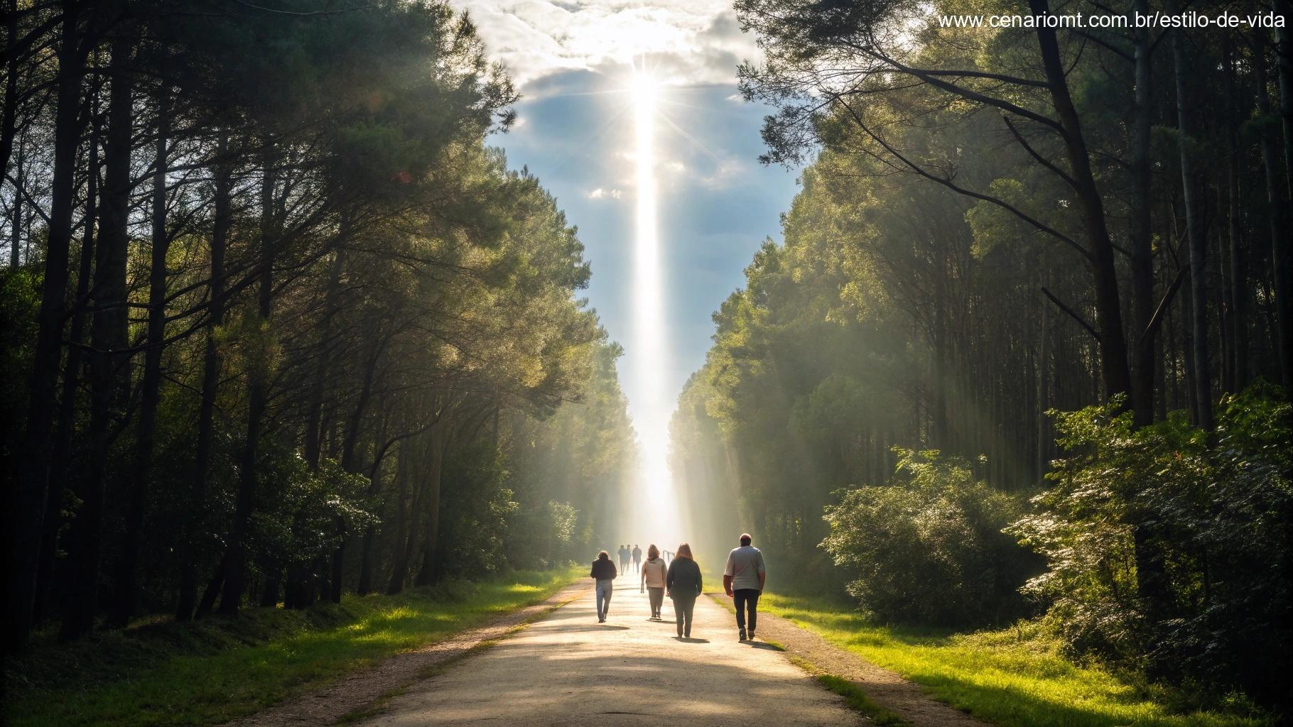 Cena espiritual com caminho iluminado e pessoas caminhando juntas, simbolizando inspiração divina