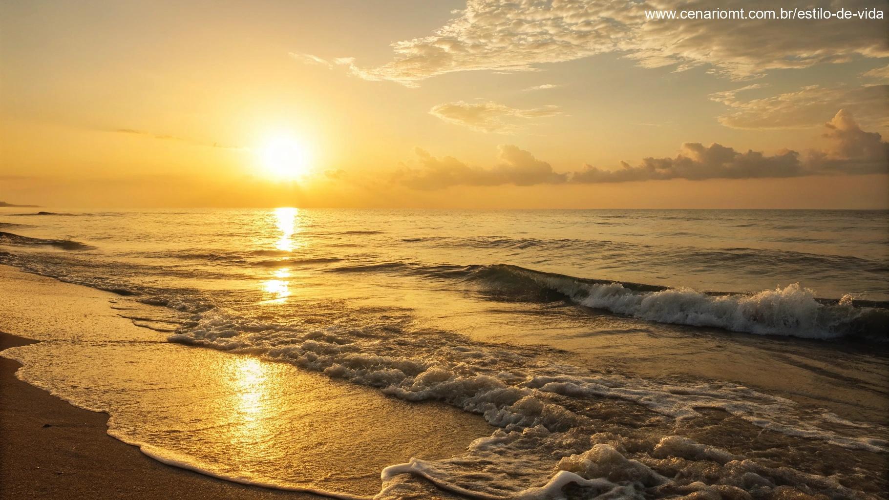 Cena inspiradora de manhã com o sol nascendo sobre o oceano, luz dourada refletindo na água e ondas suaves batendo na costa, evocando motivação e energia positiva para o dia à frente.