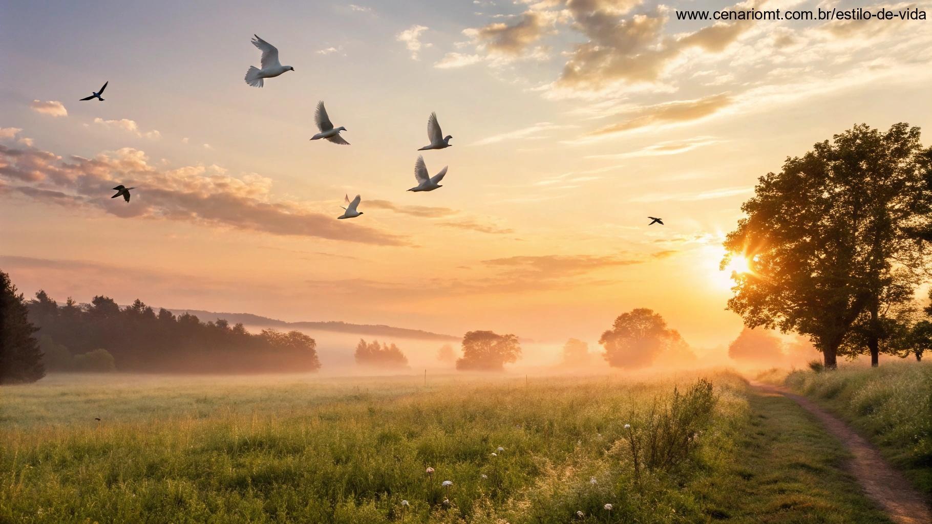 Sol nascendo sobre um campo tranquilo com pombas voando e luz suave