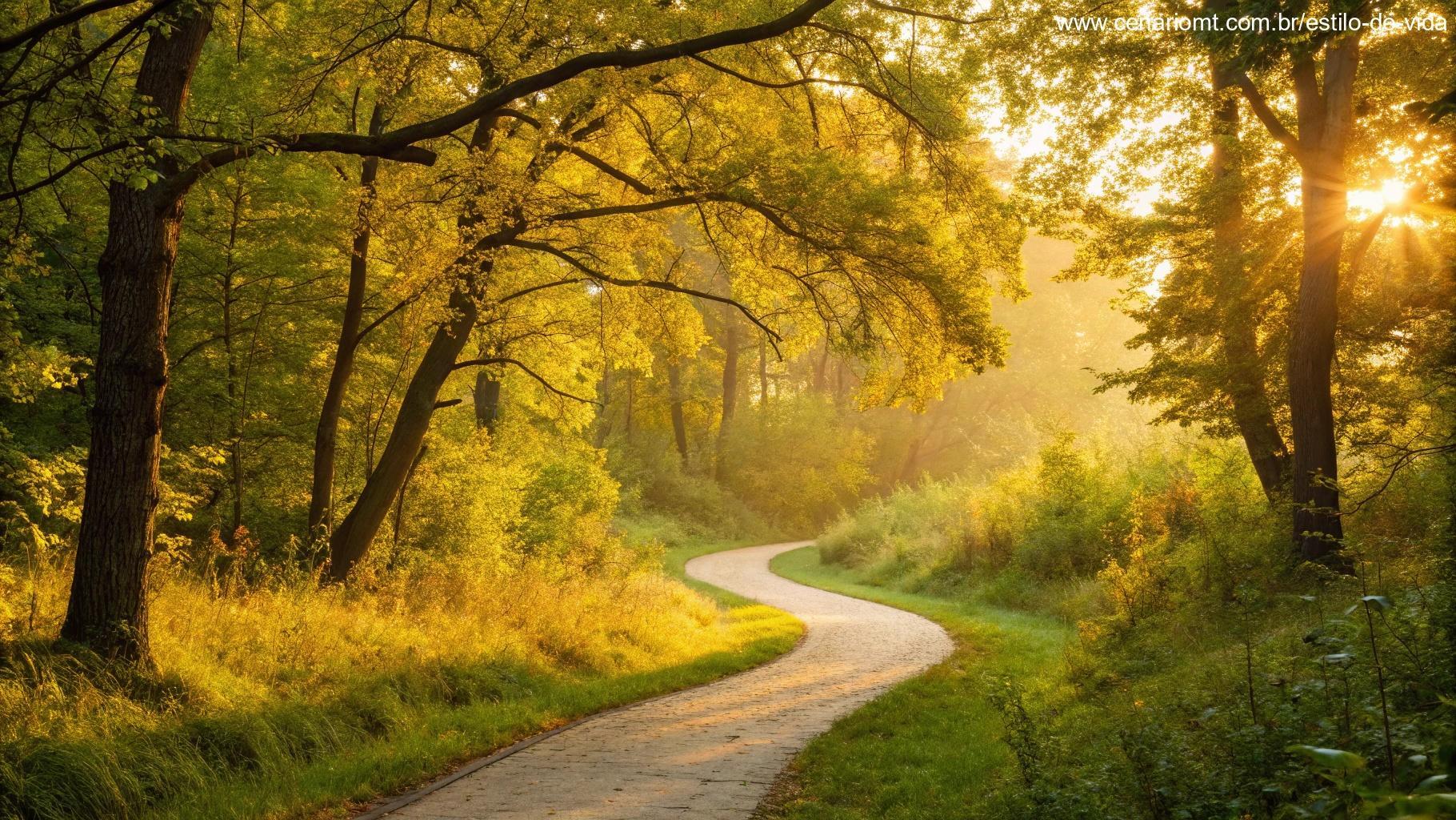 Caminho sinuoso através de uma floresta vibrante com luz dourada do sol tocando as folhas
