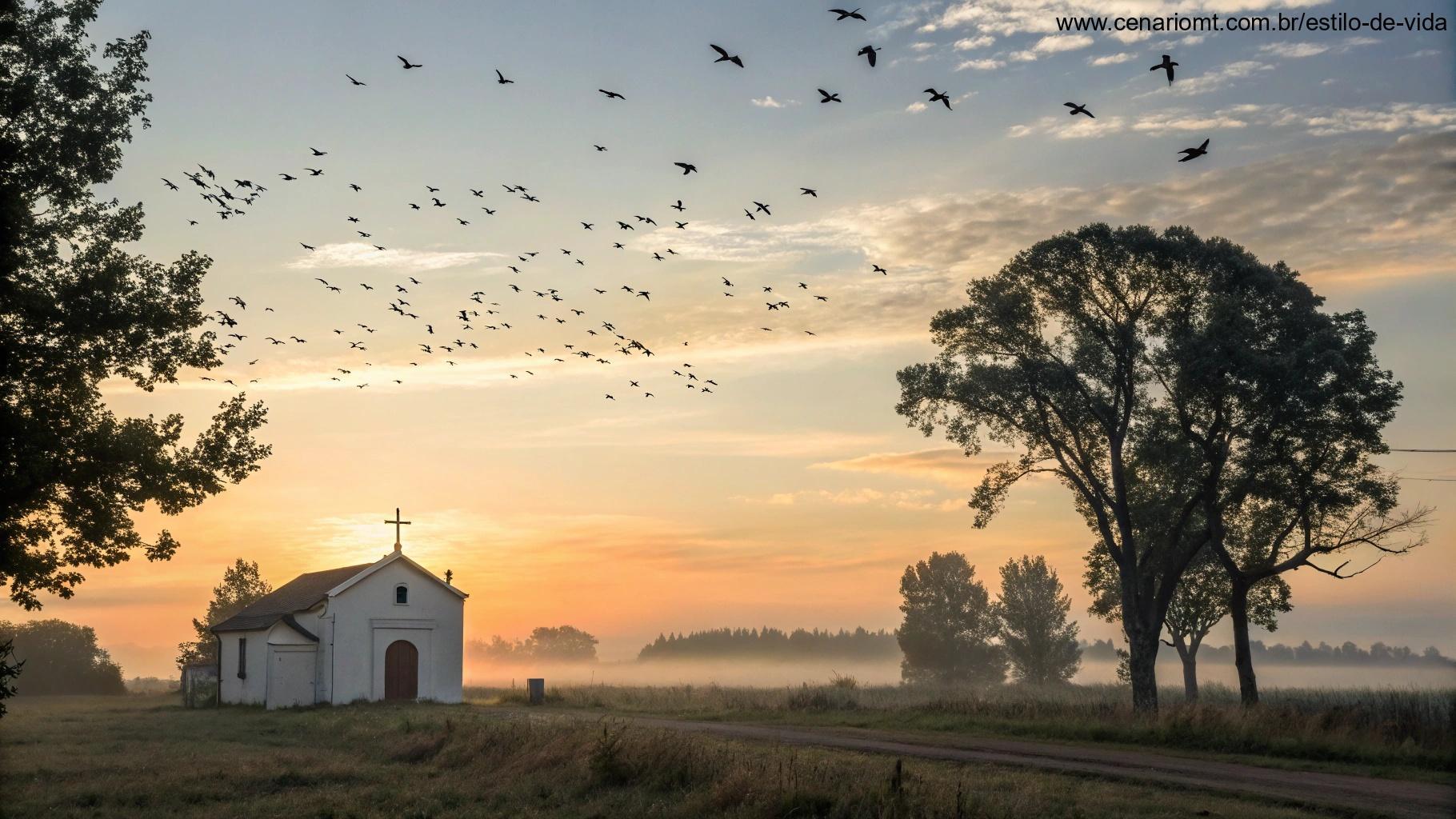 Nascer do sol sobre uma capela rural com cruz, pássaros e árvores ao fundo, representando a liturgia diária de 06/05/2025