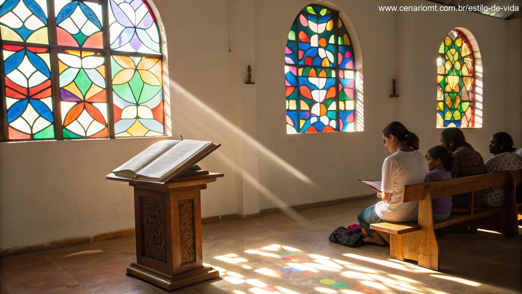 Cena de uma capela tranquila com luz do sol atravessando vitrais, uma escritura sagrada aberta e fiéis em reflexão