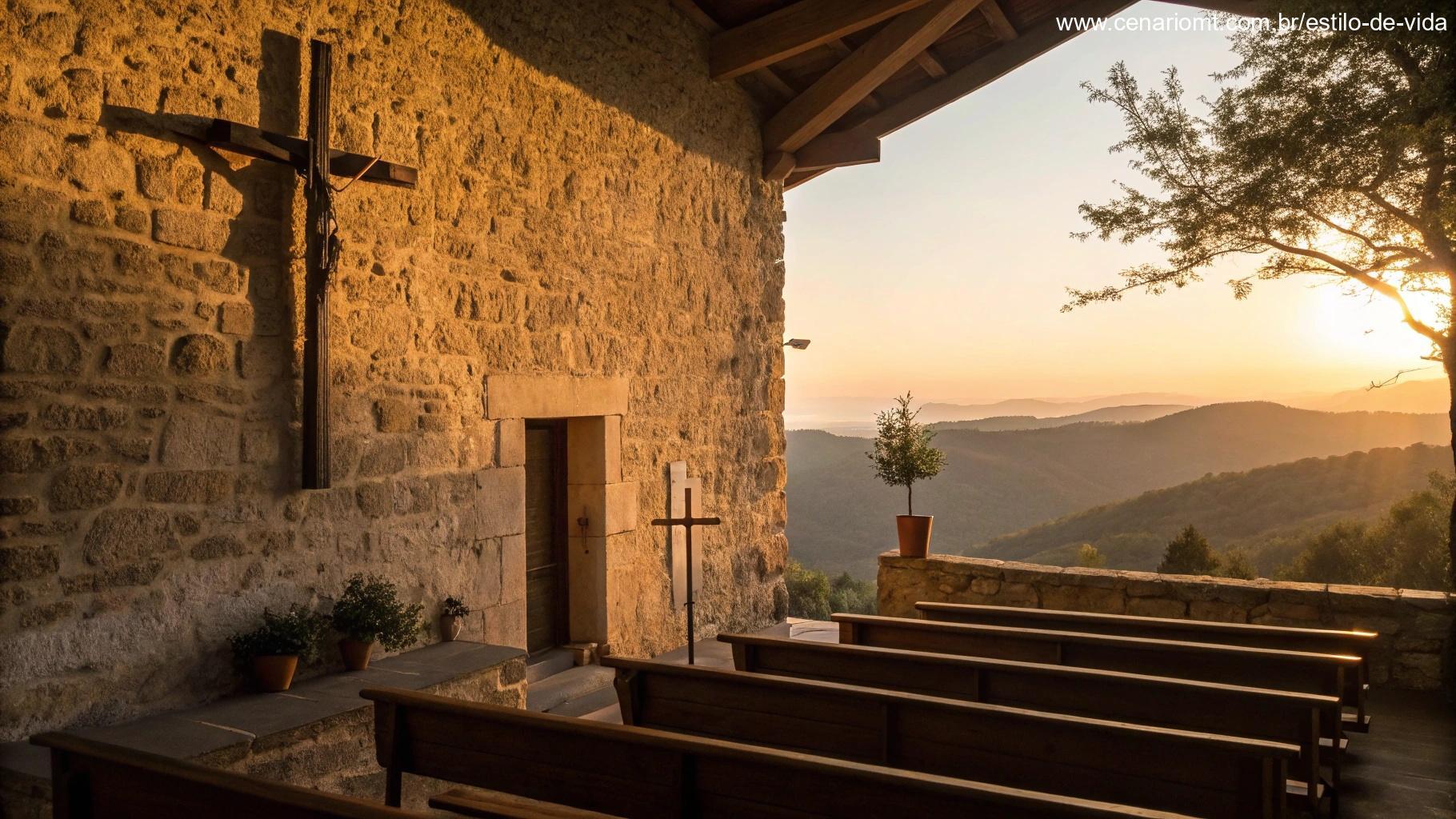 Igreja no campo ao amanhecer com luz dourada e ambiente sereno
