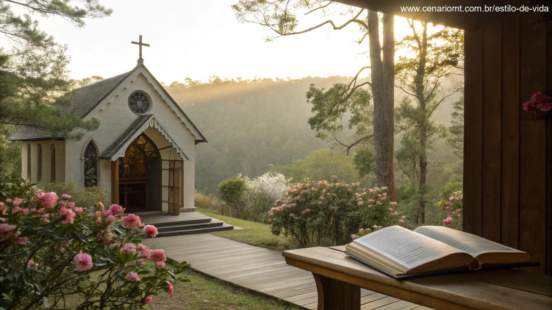 Cena tranquila de uma capela rodeada pela natureza com uma Bíblia aberta no altar, representando a Liturgia Diária de 12 de maio de 2025