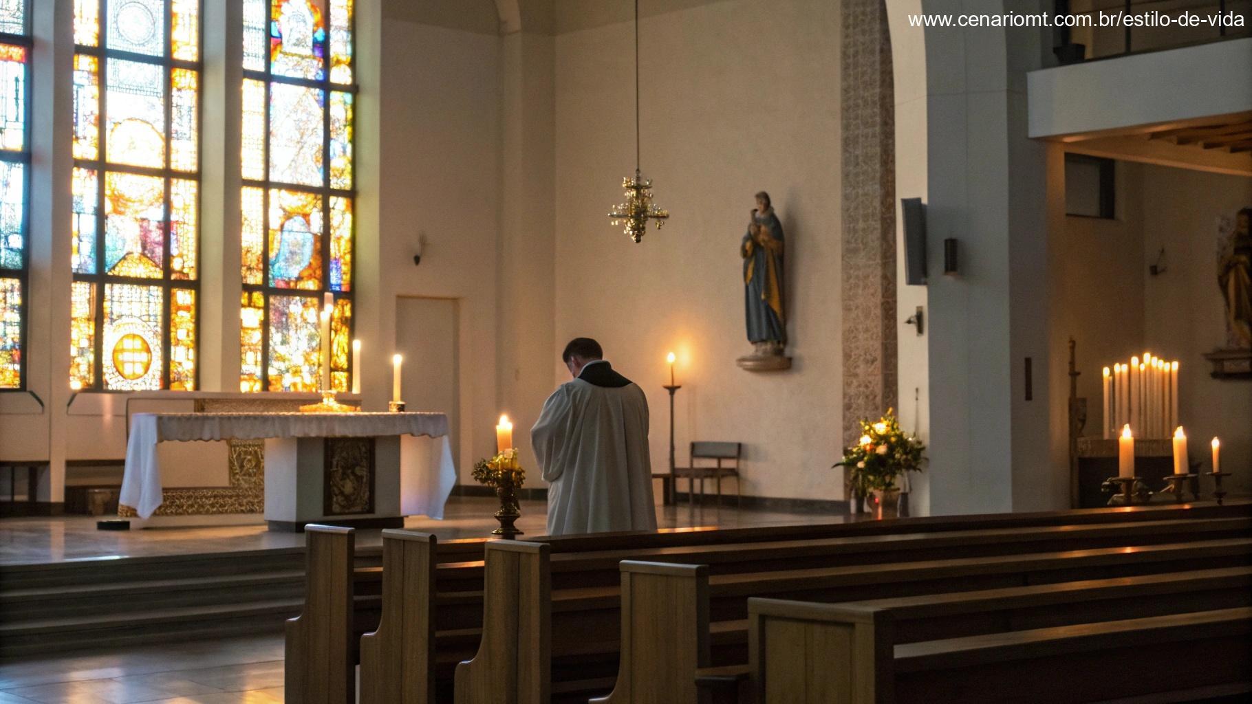 Cena matinal em uma igreja com velas acesas e padre se preparando para a missa