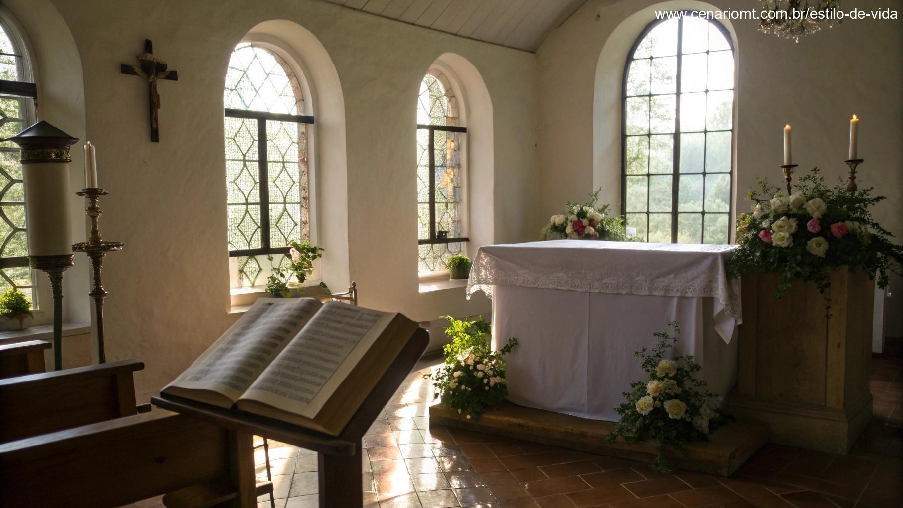 Momento de liturgia diária em capela serena com Bíblia aberta