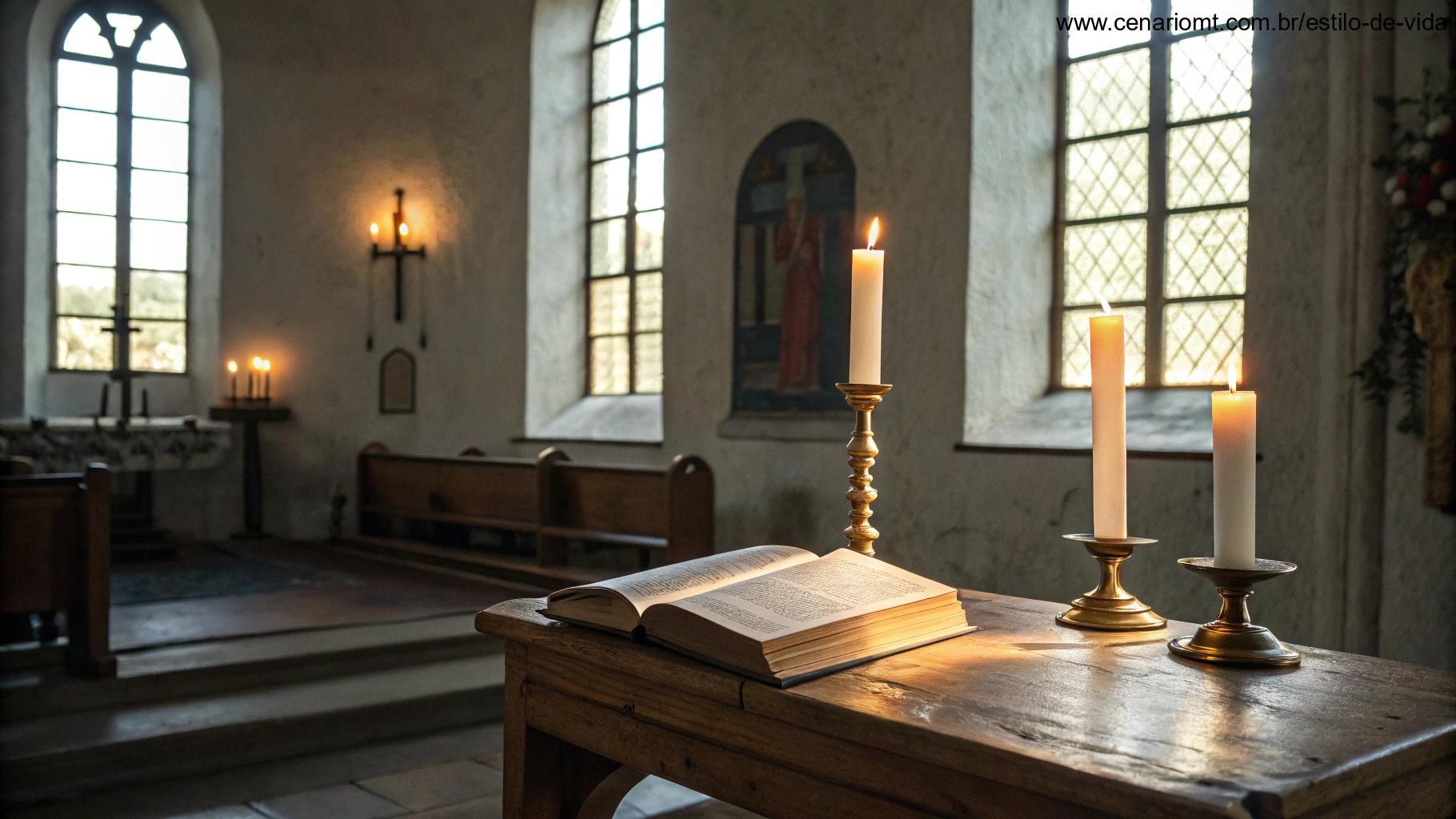 Imagem do interior de uma capela tranquila com velas acesas e uma bíblia aberta sobre o altar