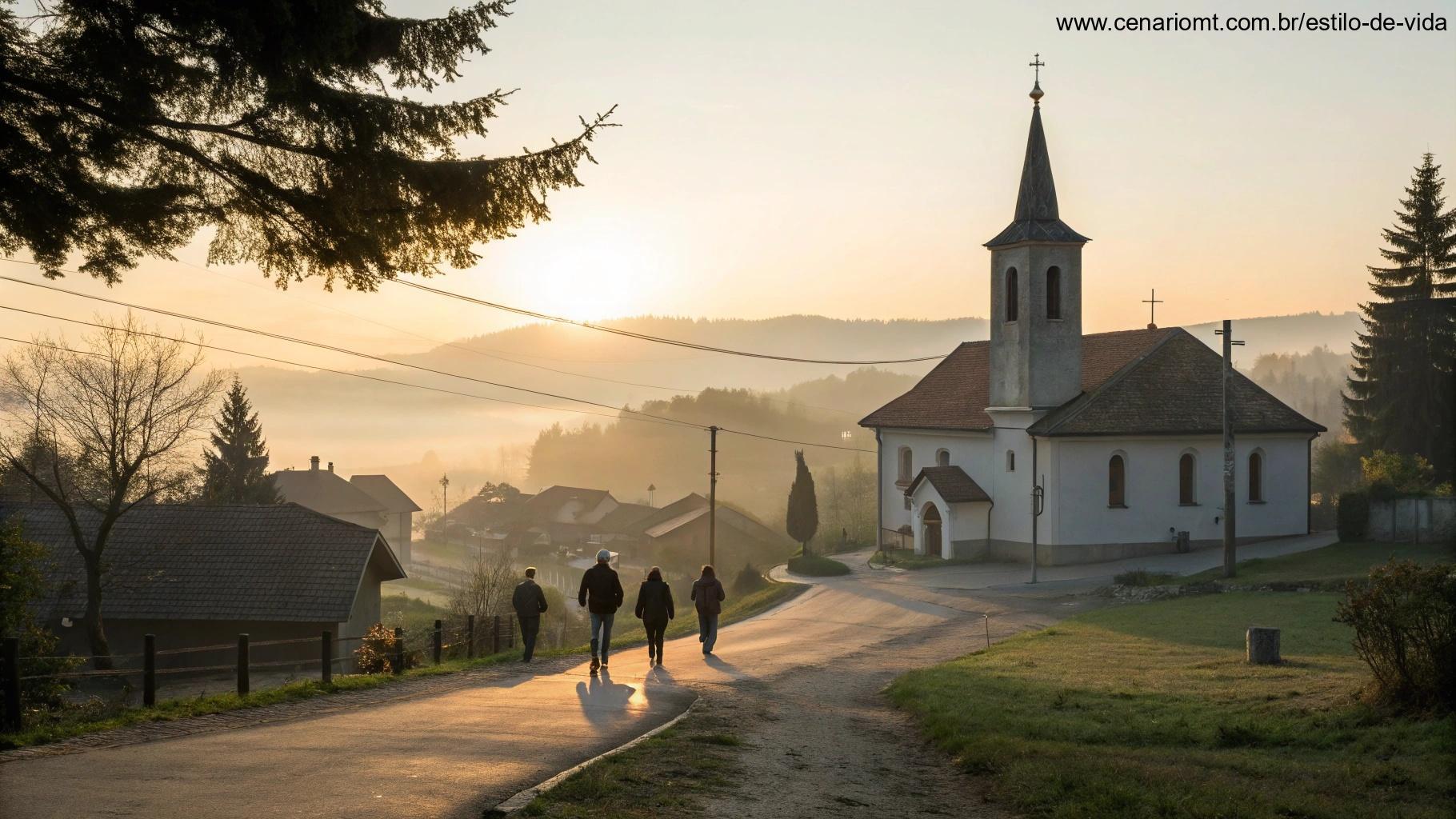 Imagem com igreja ao amanhecer e pessoas refletindo em um sábado tranquilo