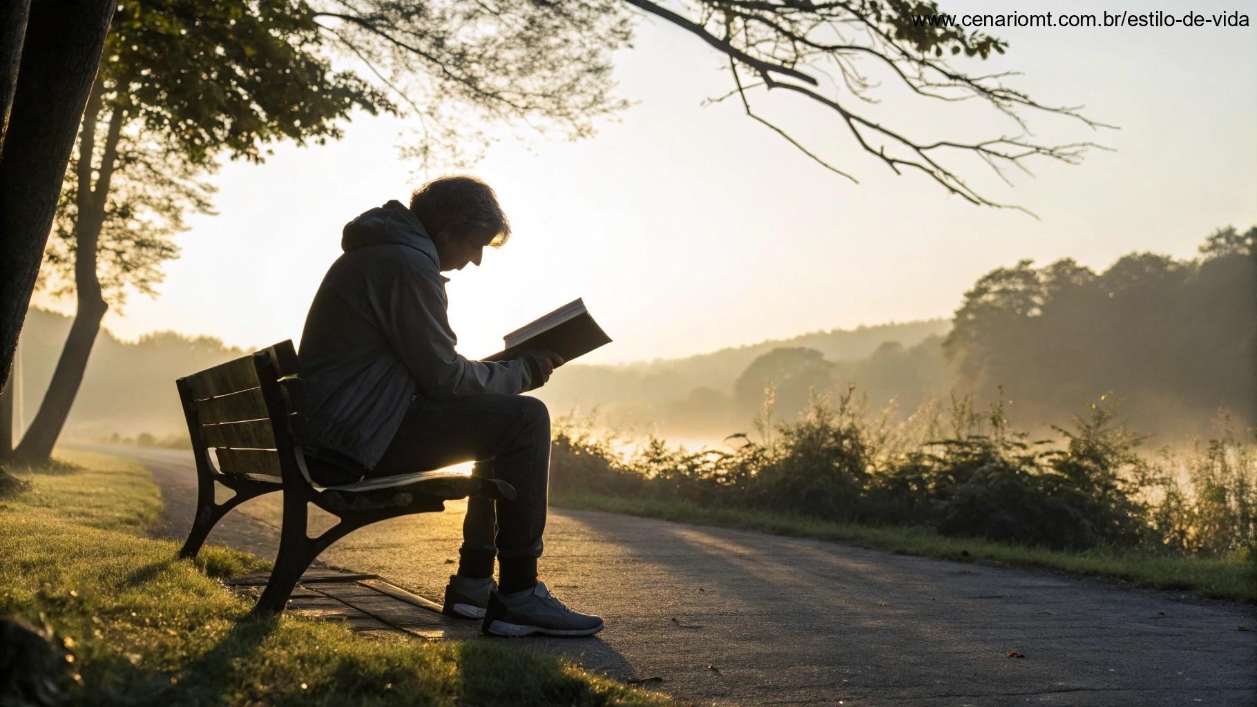 Pessoa lendo a Bíblia ao ar livre ao nascer do sol, sentada em um banco cercada pela natureza, representando a liturgia diária e a reflexão para o dia 14/05/2025