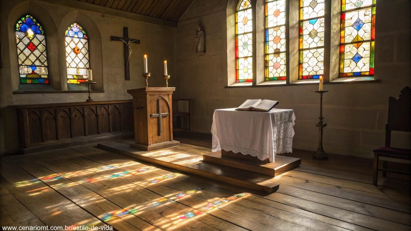 Interior de uma capela iluminada pela manhã com altar simples e atmosfera de reflexão
