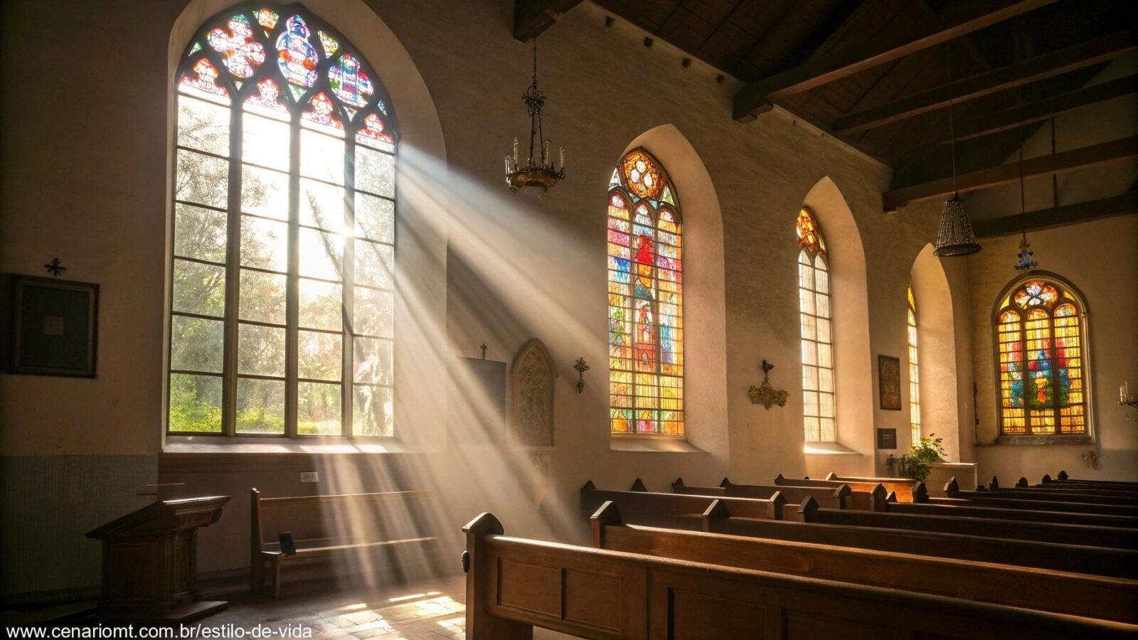 Interior de igreja iluminada pelo sol através de vitrais, simbolizando a liturgia do domingo