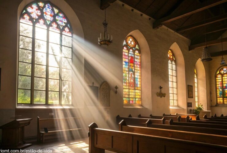Interior de igreja iluminada pelo sol através de vitrais, simbolizando a liturgia do domingo